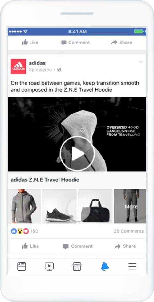 Celular com exemplo de anúncio de Coleção do Facebook.